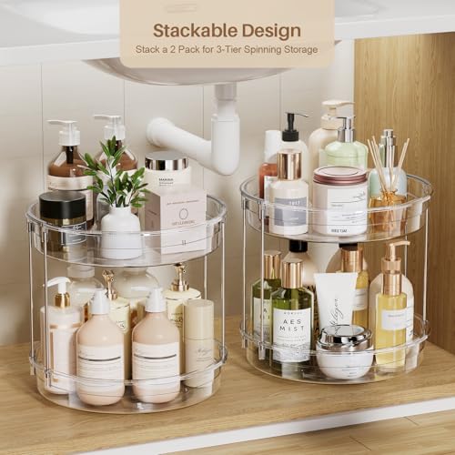 LAMU 2 Pack 2 Tier Lazy Susan Turntable Organizer 12inch Rotating Spice Rack Organization for Cabinet, Kitchen, Pantry, Countertop, Bathroom, Vanity, Medicine Cabinet Organizer, Clear - color: Clear, size: 12in 2Pack High Edge