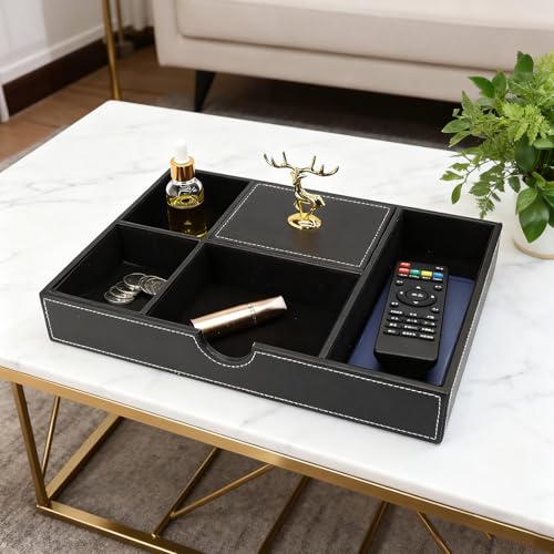 Jewelry Trays Nightstand Organizer, Valet Tray for Men and Women, Dressing Table Storage Box, Dark Brown Faux Leather, 5 Compartment - color: black