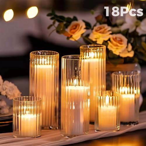 18 PCS Ribbed Hurricane Glass Candle Holders Bulk - Transparent Cylinder Candle Holders for Pillar Candles, Decorative Candle Hurricane Vases for Centerpieces Wedding Table Decorations