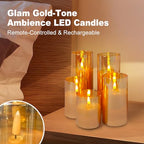 Rechargeable Flameless Candles, Realistic Flickering LED Flameless Candles Real Wax Candle with Remote Control and Timer, Gold Glass Electronic Candle, 1 Set of 5（Gold） - color: Rechargeable-Copper wire