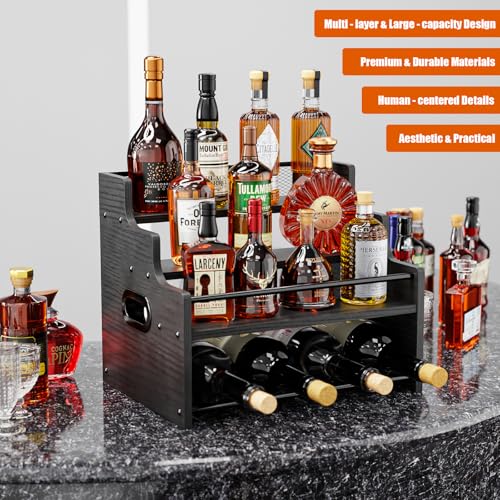 KLM 4-Tier Wood Display Shelf, Black Modern Bottle Organizer, Countertop Bar Stand for Liquor, Coffee Syrup, (Black) - color: Black