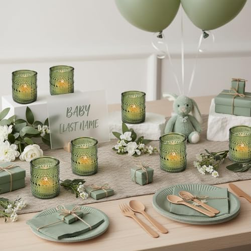 30 Pcs Green Votive Candle Holders, Glass Tea Lights Holder with Polka Dot Embossed, Vintage Candle Holder for Weddings, Home Decor, Baby Shower, Special Occasions - color: Green