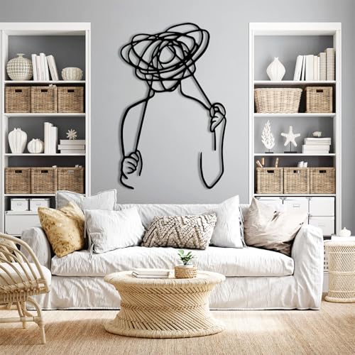 Metal Minimalist Line Art Wall Decor, Overthinking Man Metal Wall Decor, Confused Man Wall Mount, Minimalist Abstract Line Home Art, Abstract Room Sculpture, Living Room - color: Black, size: 48L" x 31W"