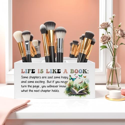 Inspirational Pencil Pen Holder for Desk, Life Is Like A Book Wooden Pencil Holder Organizer for Home Office Library Desk Accessories, Encouragement Gifts for Women - color: Color-Desk accessories white 12