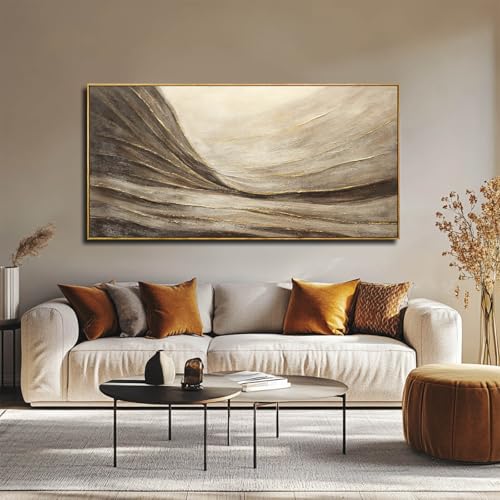 WINKAILIN Modern Abstract Wall Art with Frame Brown and Grey Painting Wave Poster Line Canvas for Living Room Bedroom Textured Home Decor 24x48 Inch - color: Brown and Gold, size: 48"L x 24"W