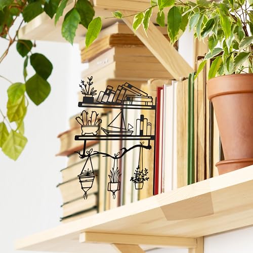 Plants on The Bookshelf Patterns Metal Decorative Splint 7.68 x 7.09 inches, Bookshelf Decor Aesthetic, Home Library Decor, Book Shelf Decorations