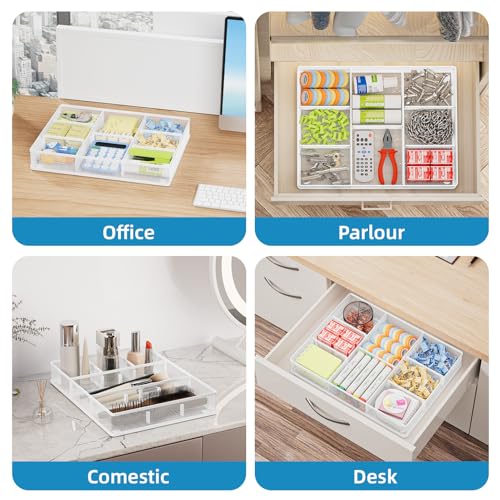 Marbrasse Desk Drawer Organizer, Metal Mesh Drawer Organizer Tray with 5 Adjustable Compartments,Desk Organizers and Accessories for Home,Office,Kitchen,Makeup,Vanity (White) - color: White