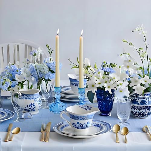 Glass Candlestick Holder,Striped Taper Candle Holders,Set of 6 Candle Stand for Table Centerpieces, Home Decor,Weddings,Festival and Parties (Blue Stripe Pattern) - color: Blue Stripe Pattern