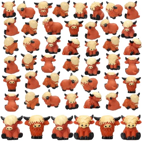 Suzile 50 Pcs Mini Resin Highland Cow Figurines Bulk Mini Cow Figurines Cute Resin Miniature Sculpture Ornament Highland Cows Gifts for Landscape Office Garden Desk Party Tabletop Decor