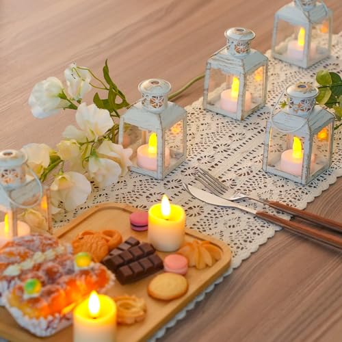 TRIROCKS 6 Pcs Small Metal Candle Lanterns Vintage Hanging House Tealight Lantern Decorative Candle Tea Light Holders for Table Valentine Patio Indoor Outdoor Gifts(White with Gold Brush) - color: White