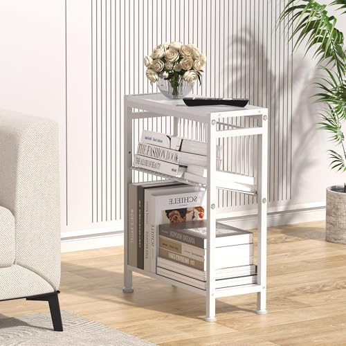 End Table Set of 2 for Small Space, 3-Tier Narrow Side Table with Magazine Holder,Small Nightstand, Skinny Snack Couch Table in Living Room, Bedroom Study and Balcony (White) - color: White-2pcs
