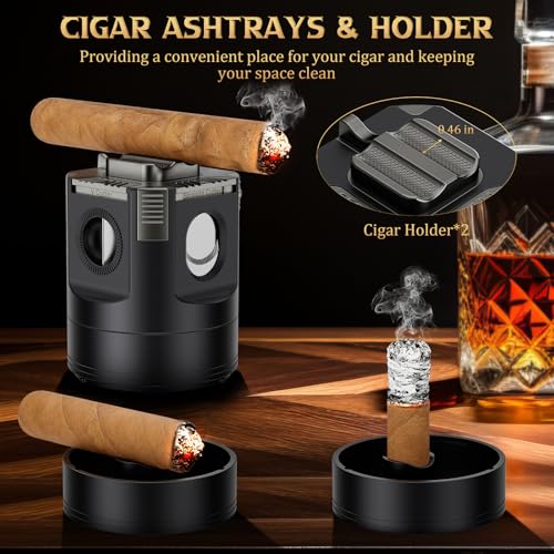 XIFEI 8-in-1 Desktop Cigar Lighter Kit, 4 Jet Flame Torch Lighter with V Cutter Guillotine, Punch, Holder, 3 Draw Enhancer Tools, 3 Ashtrays, Cigar Accessories for Home, Office, Bar & Gifts (Black) - color: Black