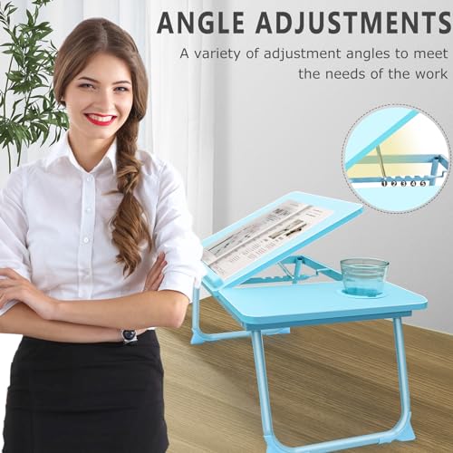 Laptop Desk for Bed Couch,Lap Desk for Laptop,Portable Laptop Stand for Desk,Small Adjustable Laptop Desk,Foldable Bed Table for Laptops and Writing, Bed Tray Table with Cup Holder(Blue) - color: Blue