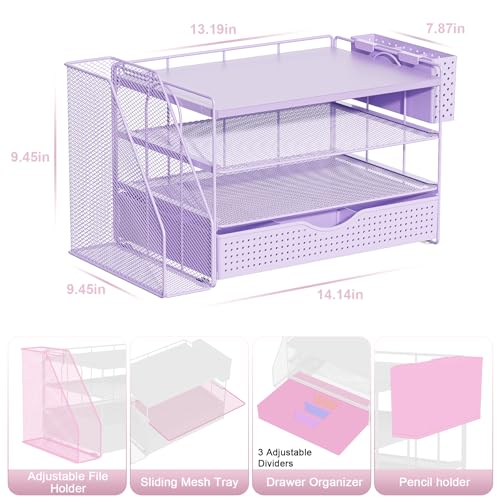 gianotter Wood Desk Organizers and Accessories with File Holder, 4-Tier Desk Accessories & Workspace Organizers with Drawer and Pen Holder, Paper Organizer for Office Supplies (Purple) - color: Purple