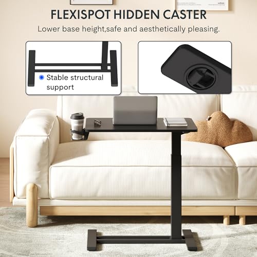 FLEXISPOT H7 Adjustable Overbed Bedside Table with Wheels Pneumatic Mobile Standing Desk Laptop Desk Rolling Computer Cart Movable Overbed Tables Hospital Home Use(27.6" W x 15.7" D, Black Table) - color: Black, size: Small