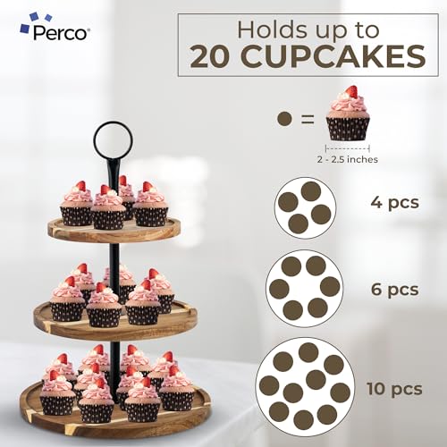 Perco 3 Tier Wooden Cupcake Stand, Acacia Wood Tiered Display Stand for 20 Cupcakes – Rustic Dessert Table Display Set, Tiered Serving Tray for Weddings, Birthdays, Baby Showers & Events - color: Acacia Wood