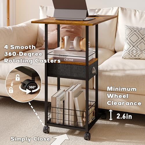 Rolling C-Shaped Side Table with Wheels and Oversized Wood Top, Mobile Overbed Stand with Drawer for Bed or Sofa, Metal Frame Couch Companion for Living Room, Bedroom, or Home Office (Large Desktop) - color: Black, size: X-Large (With Drawer & Wheels)
