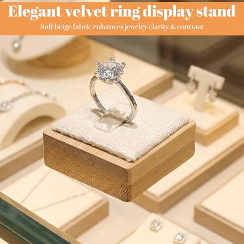 12 Pcs Bamboo Rings Display Stand with Beige Velvet, Jewelry Ring Holder Organizer for Retail Store Window Showcase and Drawer Storage