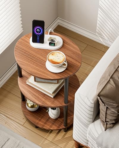 Small Round Side Table - 3-Tier Oval Accent Table for Small Spaces, Rustic Wood and Metal Nightstand for Living Room or Bedroom, with Built-in USB Ports and Power Outlet, Rustic Walnut - color: Rustic Walnut, size: 1-Pack, style: Includes Power Outlets