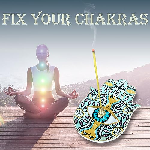 Ceramic Hamsa Hand Incense Holder - 2 in 1 Brass Incense Holder for Sticks and Coil Incense- Zen Decor with Hand of Fatima Design Protection from Evil - 6.2" L X 4.5" W (Green) - color: Green