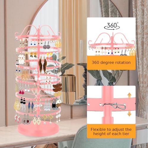 17Dec 6 Tier Rotating Jewelry Organizer Stand, 230 Holes Earring Holder Organizer for Women Girls, Spinning Earring Tree with Ring Holder, Wide Base for Bracelets Watches Lipstick - color: 6-Tier Earring Tower,Pink
