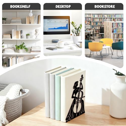 Peacoblue Metal Bookends for Shelves, Modern Decorative Heavy Duty Study Book Ends Stoppers for Office, Desk, Shelf, Room 5.3"x4.3"x7.9" Cast Iron Simple Tall Bookends 1 Pair (Cellist Playing Cello) - style: Cellist Playing Cello