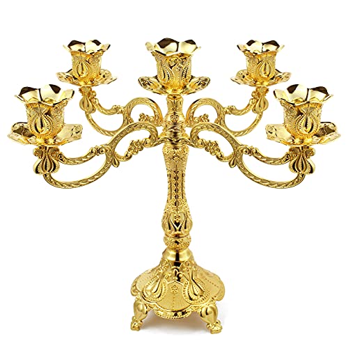 5-Candle Metal Candelabra 10.3 Inch Tall Candlestick Candle Holders for Home Decor Wedding Christmas Church Halloween Party, Gold Tulip - color: Gold-tulip