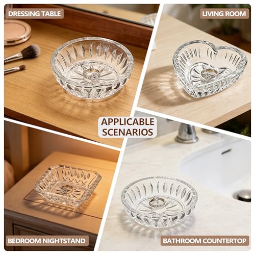 Set of 3 Clear Jewelry Dish Tray for Women Crystal Ring Holder for Wedding Engagement Birthday Mother's Day(Round, Square, Heart)