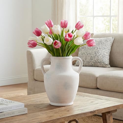 Ceramic Flower Vase with Handles, 8.66 inch Tall Ceramic Vase Farmhouse Rustic Vases Decorative Pottery Vases for Home Decor Living Room Bookshelf Table Centerpiece Desk Bathroom Fireplace, White - color: 8.66 in - White