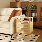 JOONEE Rattan Nightstand with Charging Station,Farmhouse Bedside Table with 2 Storage Drawer and Open Wood Shelf, for Bedroom and Small Spaces,Night Stand with Solid Wood Legs (Yellow Oak-Outlet) - color: Yellow Oak-outlet