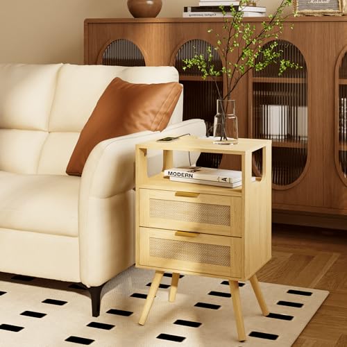 JOONEE Rattan Nightstand with Charging Station,Farmhouse Bedside Table with 2 Storage Drawer and Open Wood Shelf, for Bedroom and Small Spaces,Night Stand with Solid Wood Legs (Yellow Oak-Outlet) - color: Yellow Oak-outlet