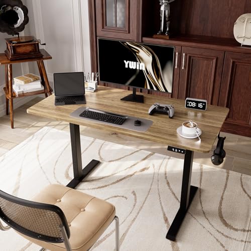 Ywin Electric Height Adjustable Standing Desk with Wheels, 63 x 24 inches Ergonomic Stand Up Desk for Home Office - color: Light Antique