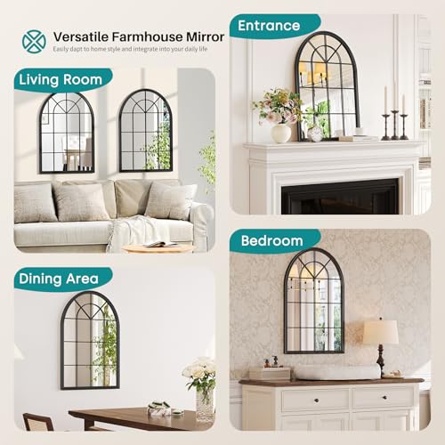 Arched Black Wall Mirror - 24"x36" Arch Window Pane Mirror for Wall Decor, Black Framed Wall Decorative Mirrors for Entryway, Living Room, Dining Room, Bedroom, Fireplace - color: Black 01- Window Pane