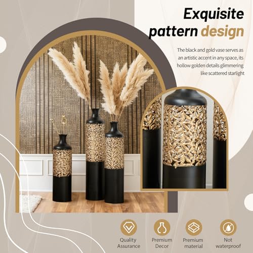 Floor Vases, Tall Home Decor Metal Vase Set of 3 Large Glazed Decorative Vases for Wedding Decor, Elegant Modern Flower Holder for Living Room, Entryway, Hallway, Dining Room - color: Leaf Cluster Black Gold