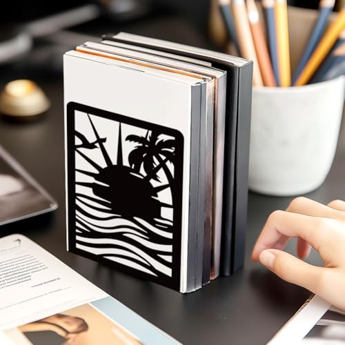 Sunrise Book Shelf Decorative Bookends for Shelves, Book Ends for Heavy Books, Black Beach Metal Bookends for Desk Organizer, Office Library Decor Decorative Books for Home Decor - style: Sunrise