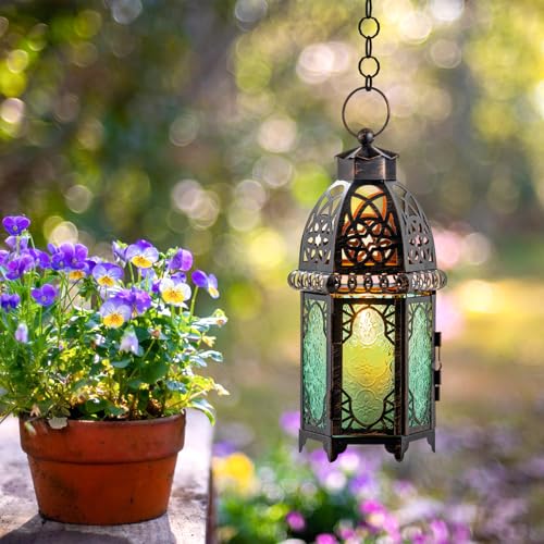 Vintage Candle Lantern, 12.8’’ Moroccan Style Decorative Metal Hanging&Tabletop Lantern, Ramadan Christmas Candle Holder Decorations for Home Outdoor Patio (Green) - color: Green - 12.8''h, size: Large