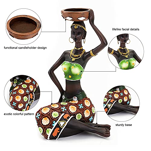 2 Pack African Women Sculpture,8.5in Black Tribal Lady Figure Figurine Candle Holder African American Women Statue Collectible Art Crafts Home Centerpieces Tabletop Ornaments Decoration Candleholder - color: A 2 Pack