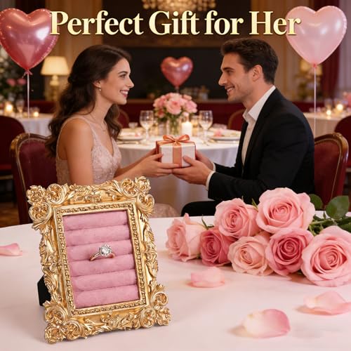 Vintage Ring Holder Rectangle Gold Velvet Display Stand - Baroque Jewelry Organizer Box Tray for Wedding Engagement Anniversary Women Birthday Christmas Gift Photograph Prop (MPF05-Gold Pink) - color: MPF05-Gold Pink