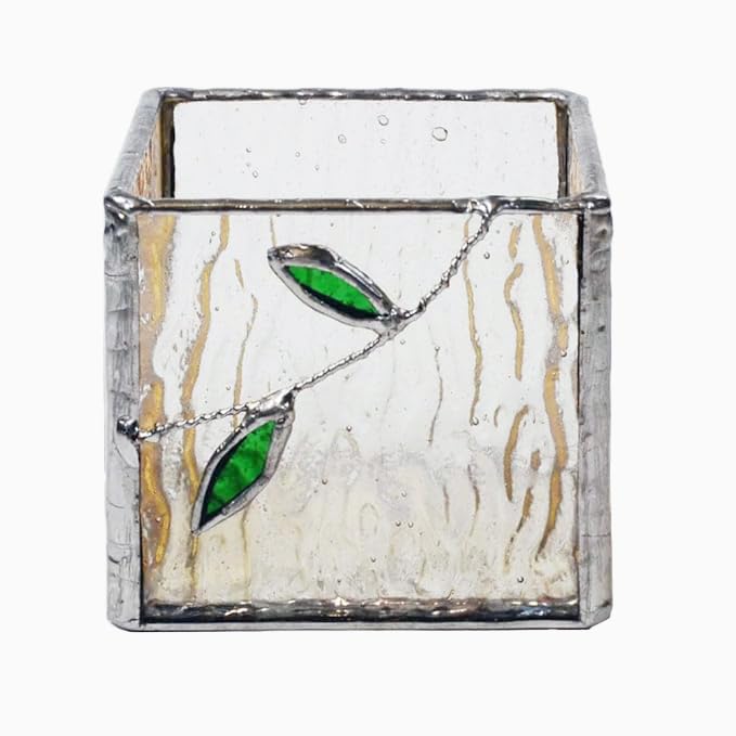 Handmade Windproof Stained Glass Cube Candle Holder - 5-Sided Floral & Leaf Design for Altar, Prayer, Windowsill - Sacred Gift for Christians, Mom, Christmas & Easter (Leaf) - color: Leaf