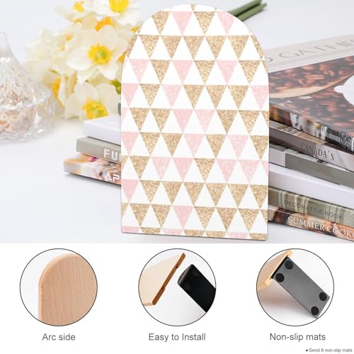 Wooden Bookends 2 Pcs,Abstract Gold and Pink Triangles Heavy Duty Office Book Ends Anti Slip Book Shelf Holder with Metal Base Decorative Book Stands - color: Abstract Gold and Pink Triangles