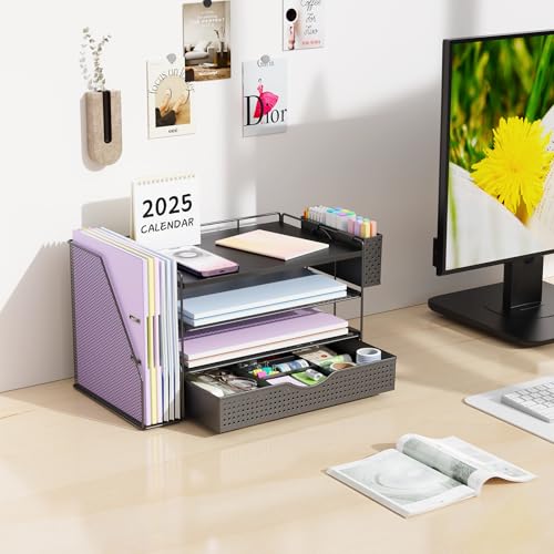 gianotter Wood Desk Organizers and Accessories with File Holder, 4-Tier Desk Accessories & Workspace Organizers with Drawer and Pen Holder, Paper Organizer for Office Supplies (Black) - color: Black