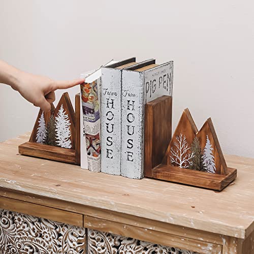NIKKY HOME Heavy Duty Non Slip Rustic Woodland Mountain Wood Bookend Forest Book Ends Book Stoppers for Cabin Decor Home and Office Shelves Children - color: Forest