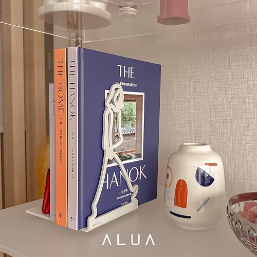 ALUA - Metal Bookend Modern Line Art Design Heavy-Duty and Scratch-Resistant Space-Saving Organizer (A, White)