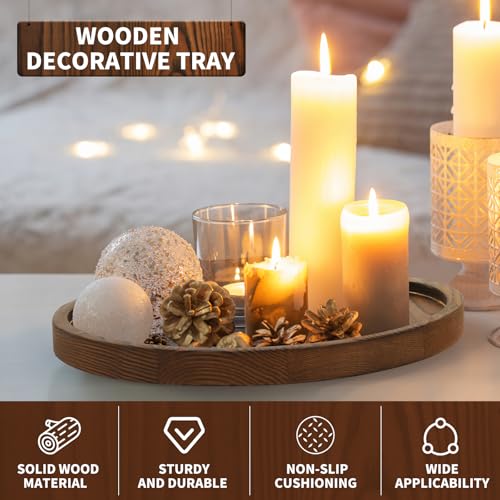 DEBETOOL Round Wooden Decorative Tray for Decor - Rustic Farmhouse Coffee Table Tray, Handmade Candle Holder Plate for Christmas Table Decorations and Centerpiece