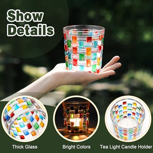 Tealight Candle Holder, Stained Glass Votive Candle Holder with Woven Pattern, Romantic Mosaic Tea Light Holder Cup for Table Centerpieces, Christmas, Birthday Party, Home Decor
