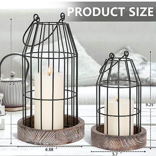 Rustic Wire Metal Cloche Set of 2 Candle Lantern Decorative Indoor Outdoor Vintage Cage Candle Holders Modern Farmhouse Decor for Fireplace Mantle Entryway Living Room Kitchen Coffee Table Centerpiece - color: Black/Brown