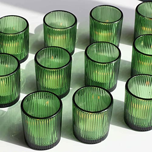 VOHO 12pcs Candle Holder Ribbed Glass, Green Votive Candle Holders for Wedding Party Table Centerpieces, Glass Tealight Candle Holder for Birthday Gift(2.1'' x 2.6'', Green) - color: Green