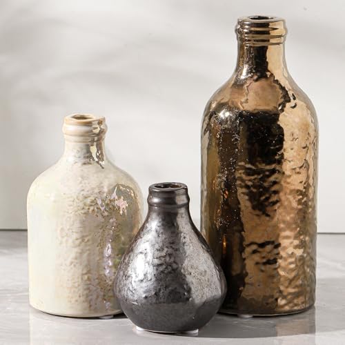 Ceramic Vase Set of 3 | Decorative Vases Home Decor | Flower Pampass Boho Modern Neutral Vase for Living Room, Table, Mantel, Entryway, Bookshelf, Kitchen, Bedroom, Bathroom - Multicolor - color: 009-multicolor Brown