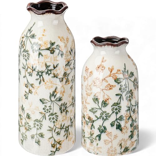 2 Pcs Green Vintage Vase Ceramic Rustic Crackle Floral Vase for Farmhouse Retro Home Bookshelf Living Room Table Centerpiece Decor (Middle and Small)