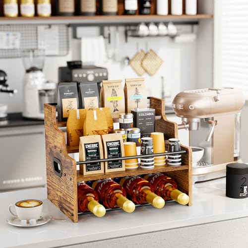 KLM 4-Tier Wood Display Shelf, Black Modern Bottle Organizer, Countertop Bar Stand for Liquor, Coffee Syrup, (Brown) - color: Brown